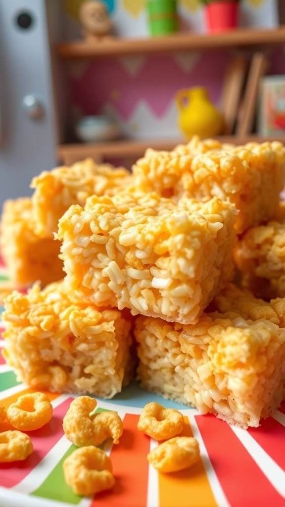 Squares of crispy rice treats on a colorful plate, surrounded by crispy rice cereal.